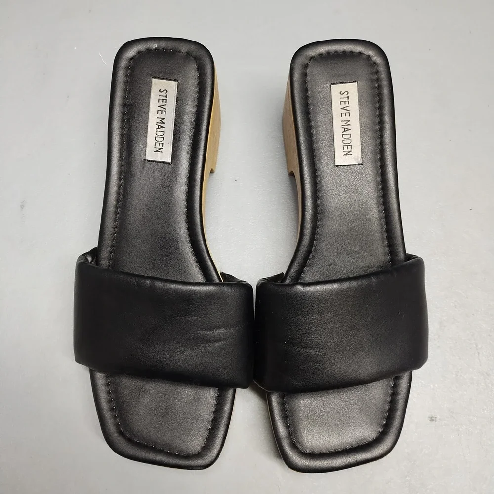 Steve Madden Chana Woody Platform Slide Sandals Womens US 9 Black Brown Open Toe